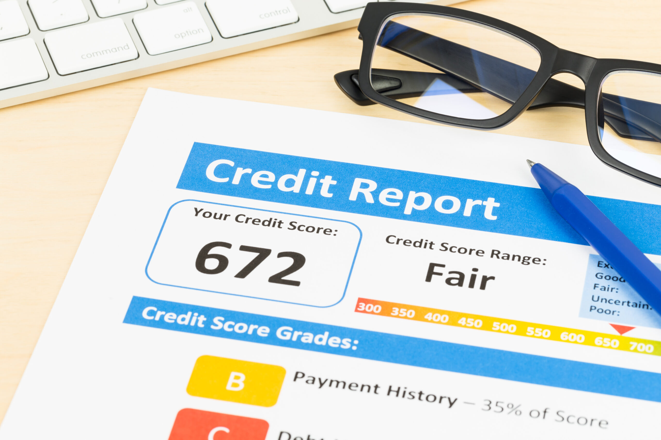 Fair credit score report with pen and keyboard; document is mock