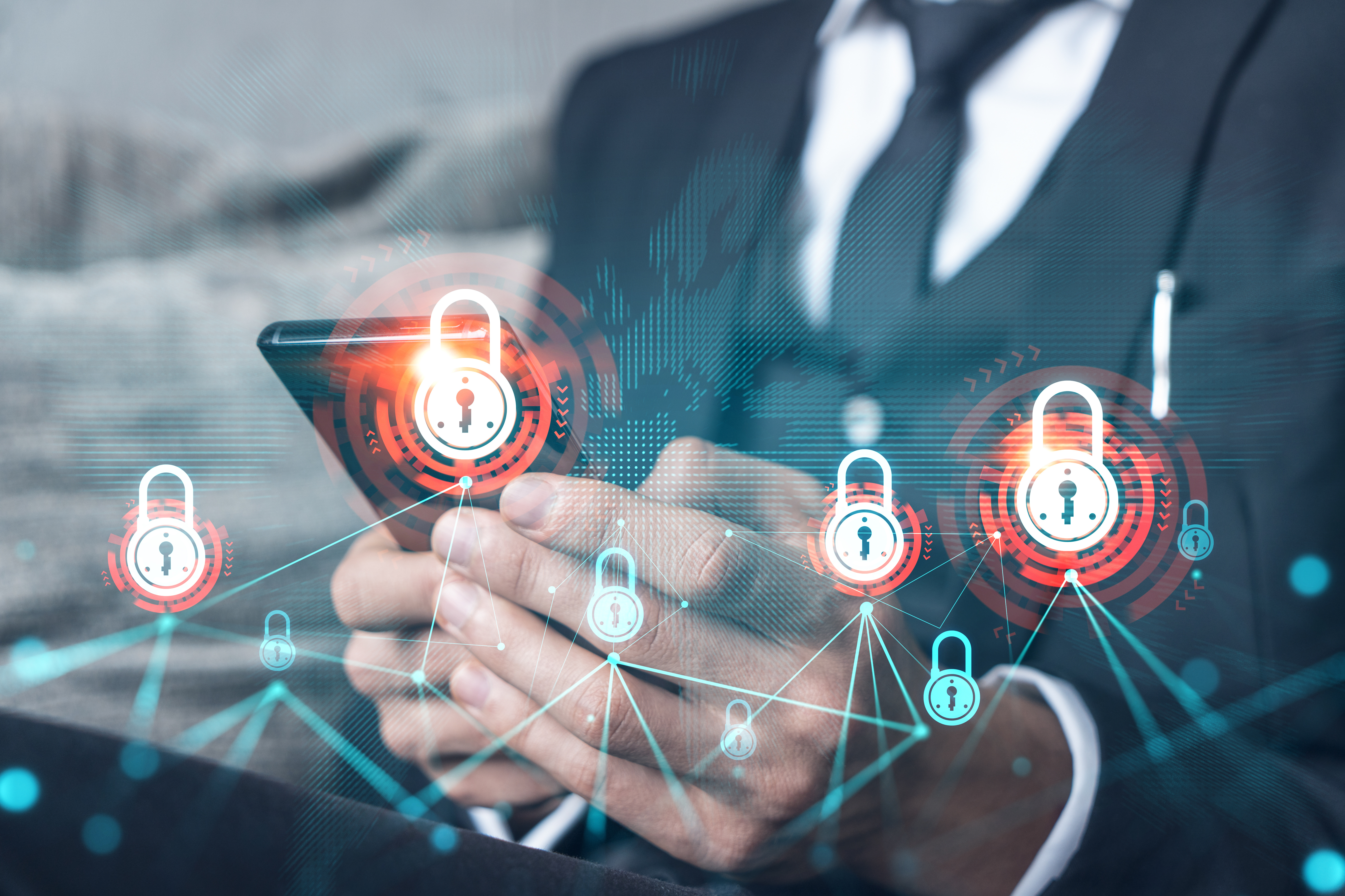 Businessman typing using smartphone and lock drawing. Concept of security of information and business data. double exposure