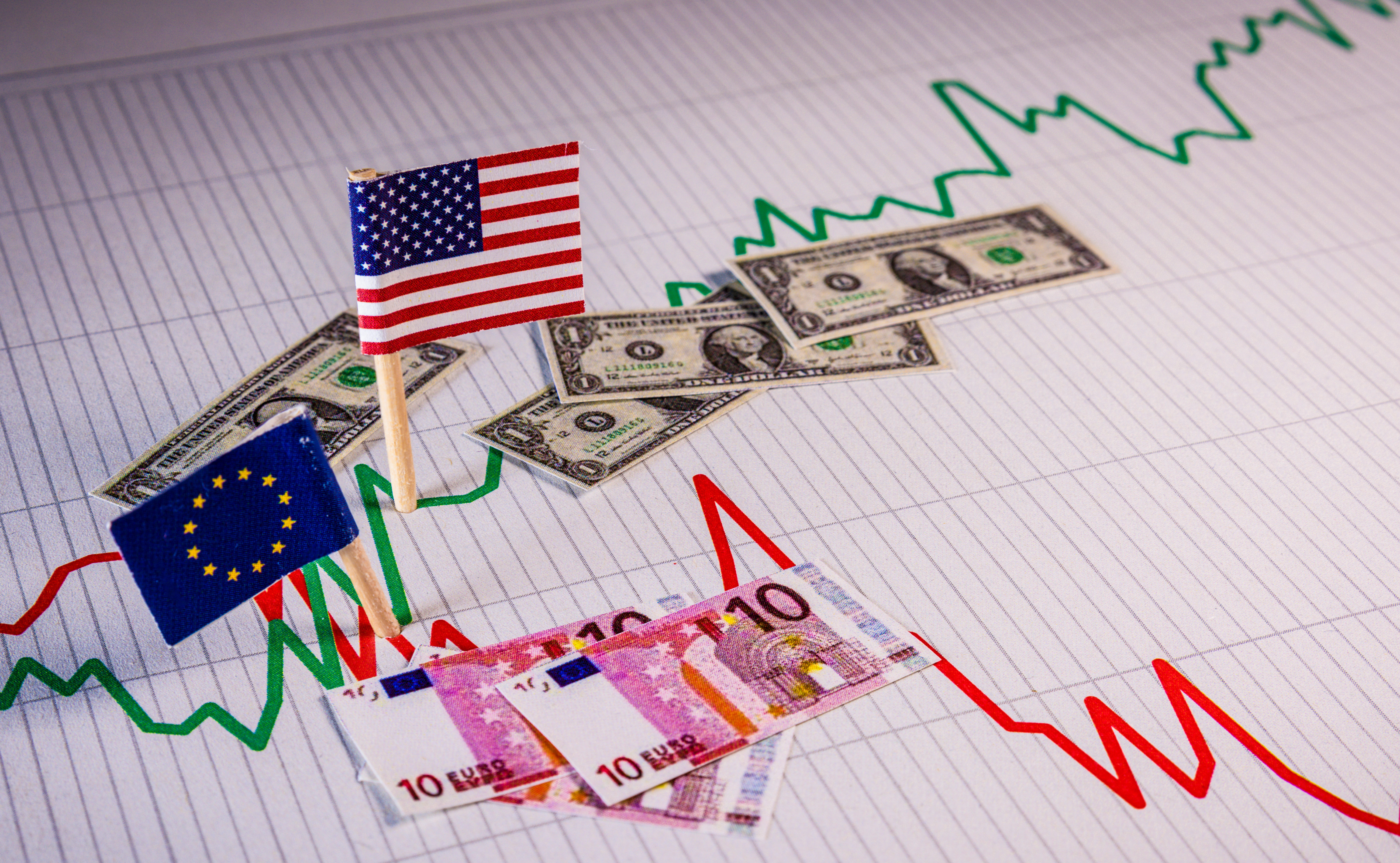 EU euro compared to American dollar. Currency exchange rate fluctuations